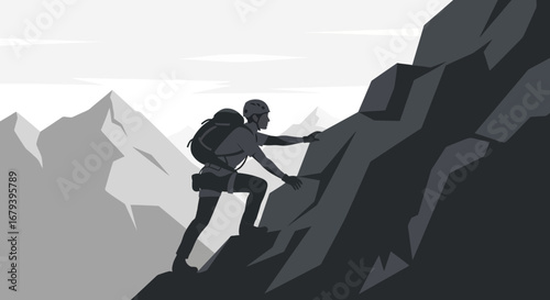 Silhouette of Climber Ascending Mountain Illustrates Determination and Adventure