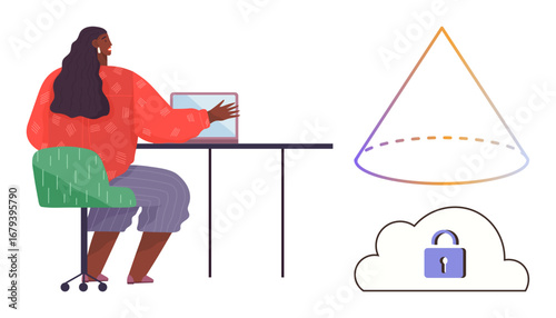 Person in casual attire focusing on laptop work at desk adjacent cloud lock and gradient cone hint at security, data, or abstract concepts. Ideal for tech, education, analysis, cybersecurity, remote