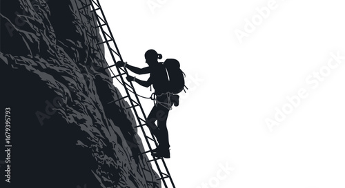 Silhouette Of Climber Scaling A Mountain, Ascending Ladder Against White Background
