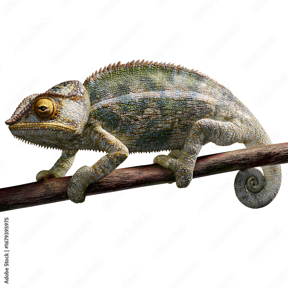 Obraz premium A horned chameleon climbing on a thin tree branch, side view, detailed scales, transparent PNG
