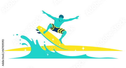 Surfer Catching Air On A Yellow Board Above Ocean Waves With Vibrant Color