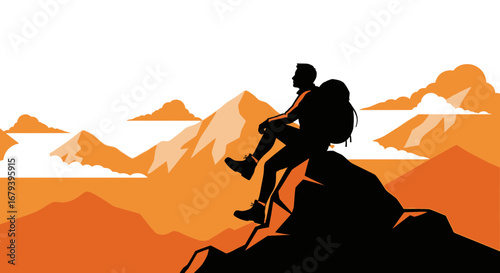 Silhouette of Hiker Enjoying the Mountain View at Sunset in Minimalist Style