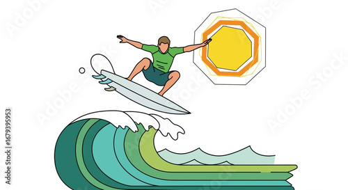Surfer Catching Air Above Ocean Wave Under Sunny Sky Illustration Artwork Design