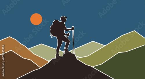 Silhouette of Hiker on Mountain with Colorful Background Depicting Landscape Scenery