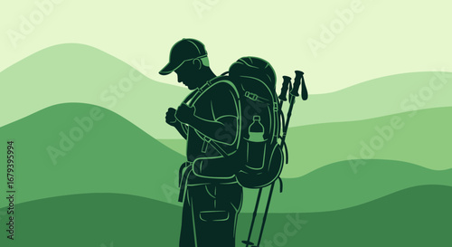 Silhouette Of Hiker Exploring Nature With Backpack And Hiking Poles In Outdoors