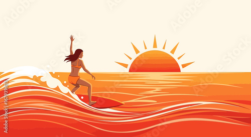 Surfer Embraces Freedom Riding Waves Amid a Sunset Paradise with Vibrant, Tropical Colors