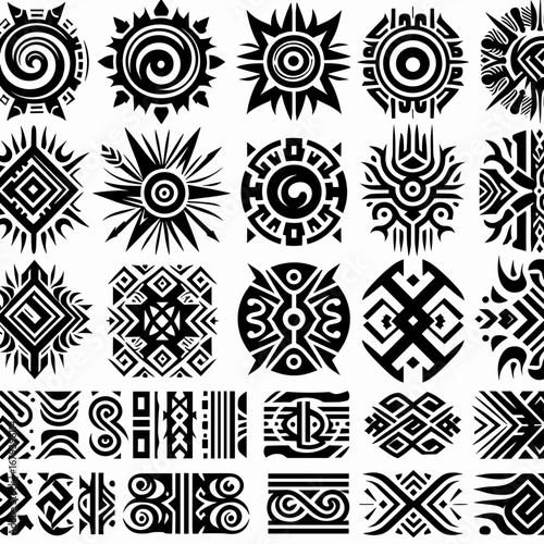 Collection of tribal patterns and symbols in black and white for artistic design