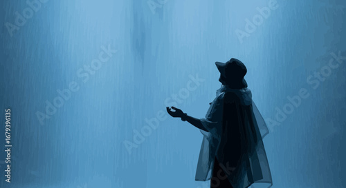Silhouette Of Person Reaching Out To Rain In A Teal Atmosphere Captivating The Moment