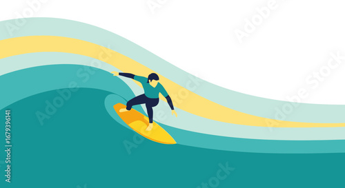 Surfer Embracing The Wave, Enjoying The Ocean Adventure, Vector Illustration And Design
