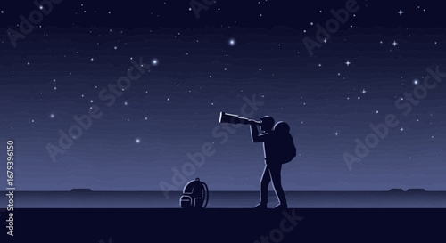 Silhouette of person with telescope observing the night sky with stars and backpack