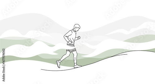 Silhouette Of Runner On a Gentle Slope With Stylized Rolling Hill Landscape