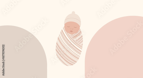 Simple Illustration Depicting Newborn Infant Swaddled in Soft Blankets and Sleeping Peacefully