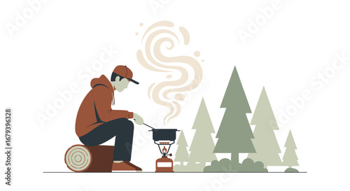 Simple illustration of a person cooking outdoors in the forest, camping and enjoying nature