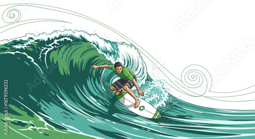 Surfer Glides Through Green Ocean Wave, Artistic Depiction, Summer Boarding Action