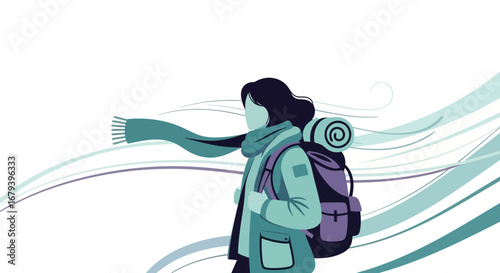 Simple Illustration of a Female Hiker with a Backpack and a Flowing Scarf, Nature