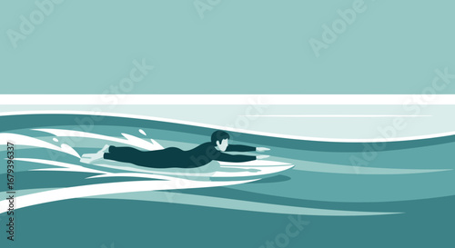 Surfer Gliding Across Aqua Waves Towards the Horizon During a Sunny Day