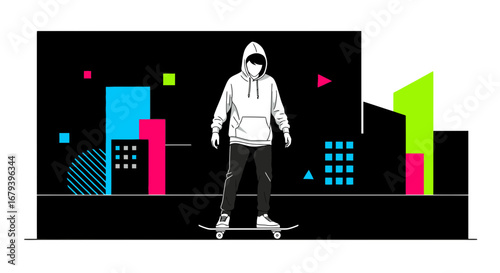 Skateboarder In Urban Environment Design With Neon Colors And Geometric Patterns