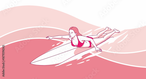 Surfer Gliding Across Water Surface in Simple, Feminine, And Dynamic Stroke Illustration