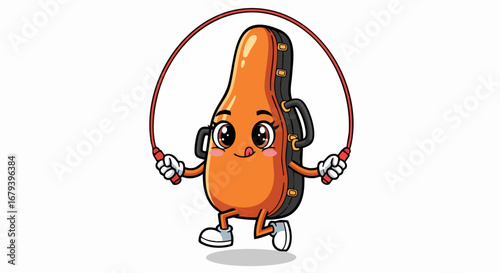 Cartoon Guitar Case Character Jumping Rope.