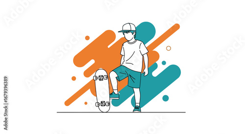 Skateboarder Posing Confidently Next To His Board With Dynamic Colorful Background