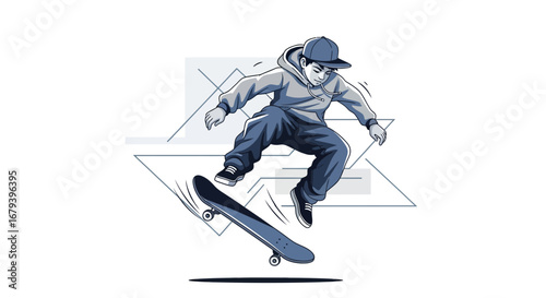 Skateboarder Performing Aerial Acrobatics Against Geometric Background Demonstrating Skillful Action