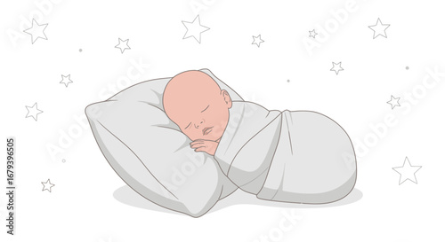Sleeping Baby Embraced in Soft Wraps on a Pillow Surrounded by Celestial Stars