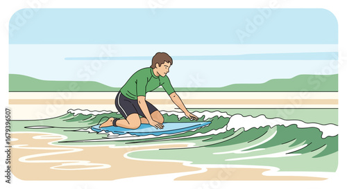Surfer Kneeling on Board in Ocean, Approaching Coastline, Enjoying Sports Activities