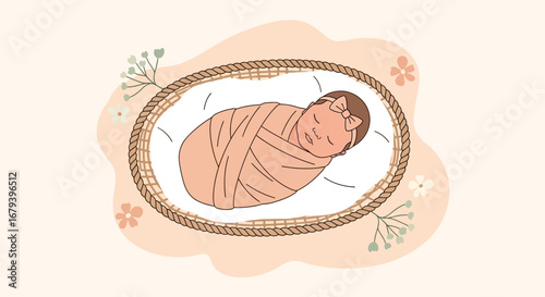 Sleeping Baby Girl Swaddled in a Woven Basket with Floral Accents Warm and Gentle Scene