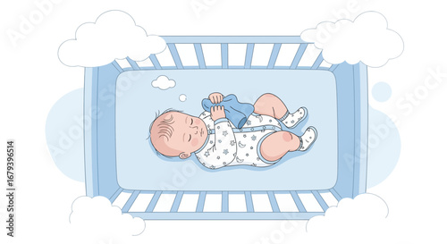 Sleeping Baby In A Crib Dreamily Surrounded By Clouds, Soft And Gentle Colors