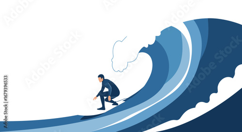 Surfer Navigates Towering Wave Depicting Ocean Endurance and Coastal Sport, Adobe Stock Image