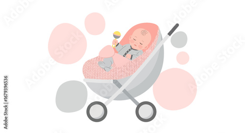 Sleeping Baby In Stroller Amidst Abstract Shapes, Peaceful Nursery, Modern Illustration