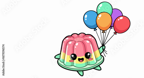 Cute Jelly Dessert Character with Balloons.