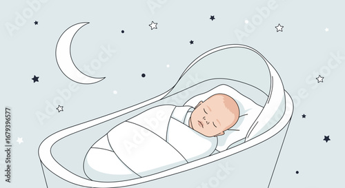 Sleeping Baby in a Bassinet Under a Night Sky with Stars and Moon Illustration