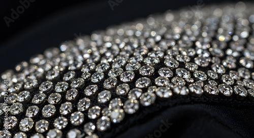 A dense arrangement of sparkling rhinestones or crystals, creating a textured surface with a shimmering effect on a dark background