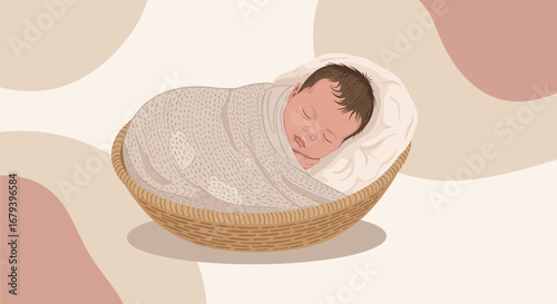 Sleeping Baby In Wicker Basket With Blanket And Peaceful, Serene, Soothing Background