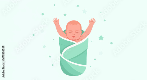 Sleeping baby in swaddle with arms up vector illustration on a light background