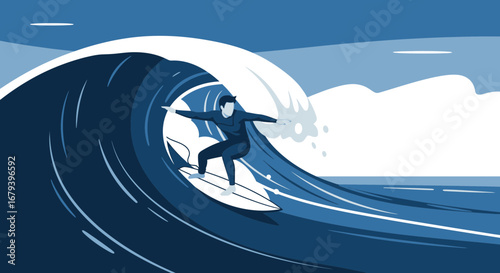 Surfer Navigating Towering Wave Creating Vibrant Composition Against Sky Backdrop