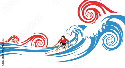Surfer Navigating Stylized Ocean Waves in a Dynamical and Intense Artistic Composition
