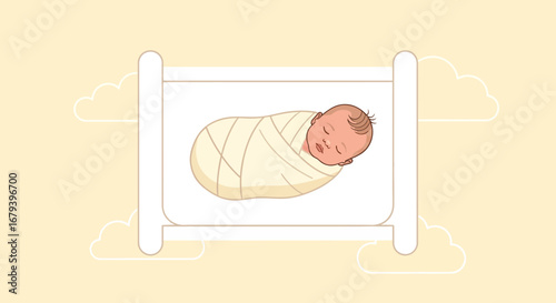 Sleeping Baby Swaddled Peacefully Within A Gentle Crib, Surrounded By Pastel Clouds