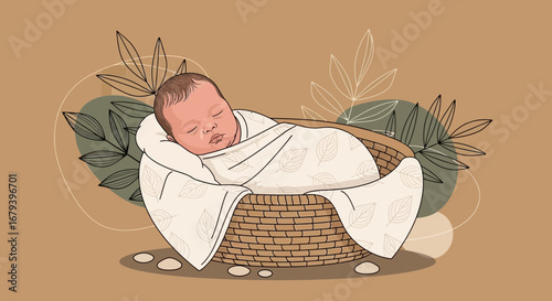 Sleeping Baby Swaddled in a Basket Surrounded by Decorative Botanical Elements Design
