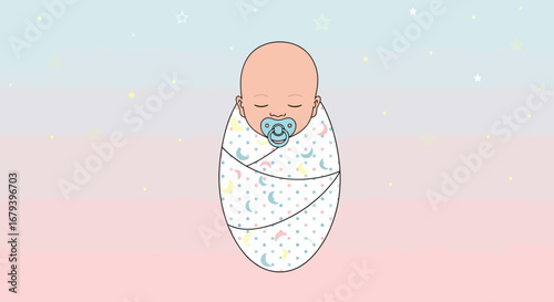 Sleeping Baby Swaddled With Pacifier Against Pink And Blue Pastel Background