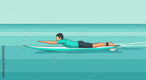 Surfer Paddling On The Water Surface, Aquatic Activity, Sport Concept, Summer Time