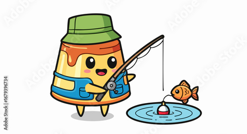 Cute Pudding Cartoon Fishing for a Fish in a Pond.