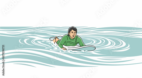 Surfer Paddling Out to Catch Waves on a Board in Ocean Waters with Clean Lines