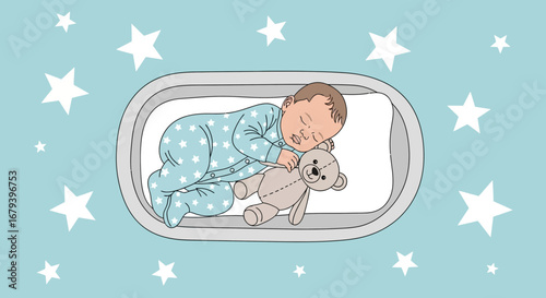 Sleeping Baby with Teddy Bear Surrounded by Stars In A Peaceful And Delightful Dreamscape
