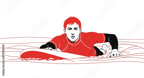 Surfer Paddling Towards Camera Illustrated In Red And Black Minimalism Style