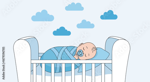 Sleeping Infant Embraced Inside a Cozy Crib Under a Serene Sky With Lovely Clouds