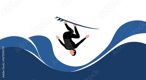 Surfer Performing Aerial Maneuver on Wavy Backdrop Against White, Showing Skillful Motion