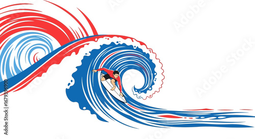 Surfer Rides A Spiraling Wave With Dynamic Illustration And Bold Graphic Design