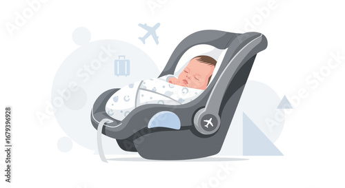 Sleeping Newborn Infant Comfortably Secured In A Car Seat Ready For A Flight Adventure